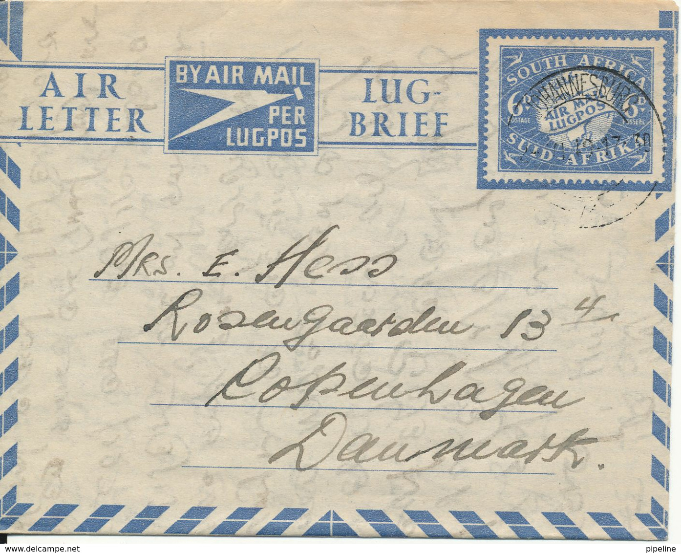 South Africa Air Letter Sent To Denmark Johannesburg 24-6-1949 - Luchtpost