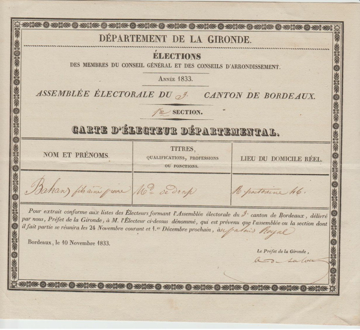 BORDEAUX: CARTE ELECTEUR DEPARTEMENTAL Canton De Bx Pour BAHANS, March. De Draps 1833 - Autres & Non Classés