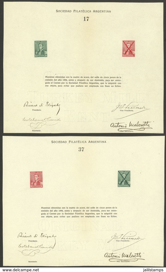 ARGENTINA: GJ.151, 5P. San Martín, Reprints (2 Different Sheets) Manufactured By The Sociedad Filatélica Argentina With  - Andere & Zonder Classificatie