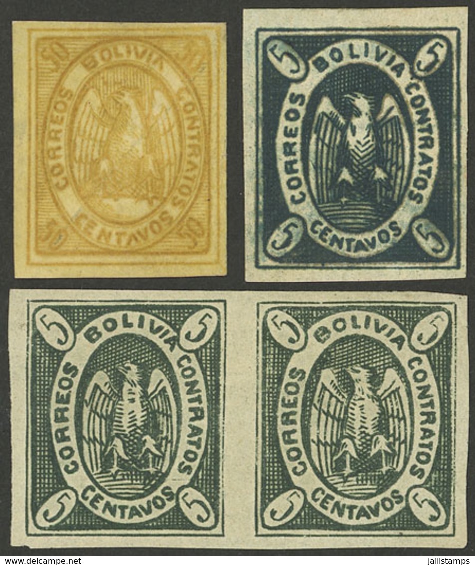 BOLIVIA: 1867 Condor, Pair Of 5c. Printed On Thin Paper (mint Without Gum) + Single 5c. Dark Green Mint With Gum + 50c.  - Bolivia