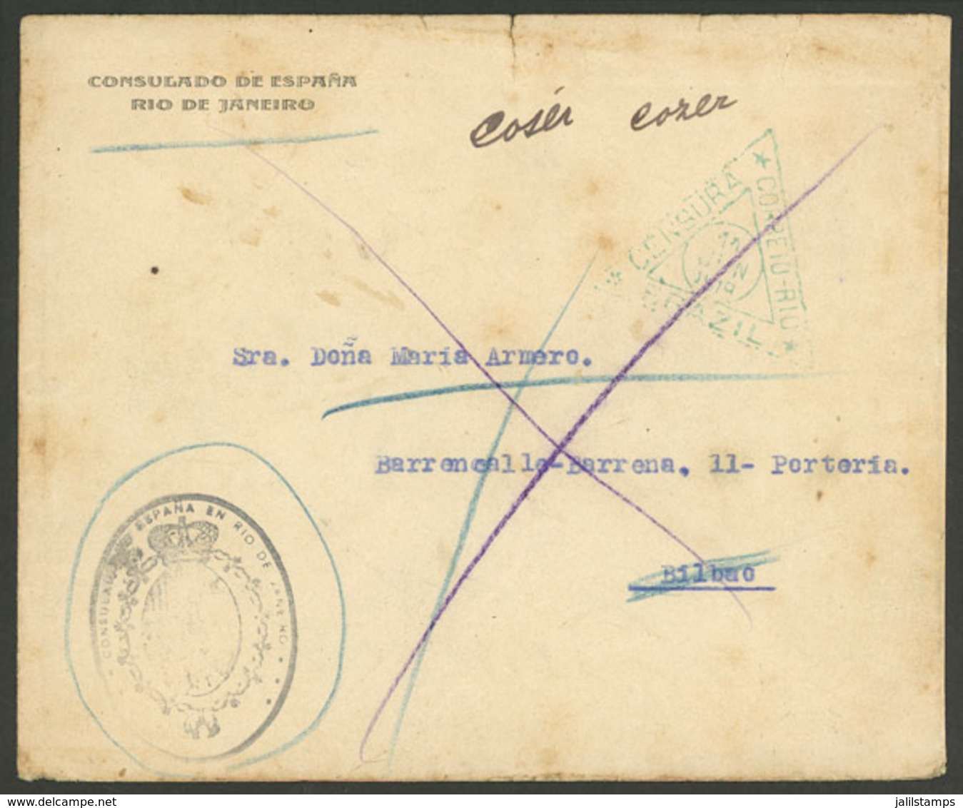 BRAZIL: Cover Sent To Bilbao On 11/JUN/1919 By The Spanish Consulate In Rio De Janeiro, With Free Frank, With A Triangul - Briefe U. Dokumente