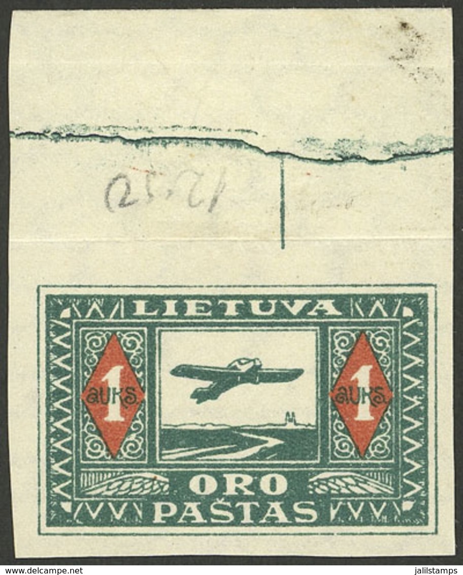 LITHUANIA: Sc.C5, 1921 1Auk. IMPERFORATE, With Wide Top Sheet Margin, MNH (with Hinge Mark In The Sheet Margin), VF! - Lithuania