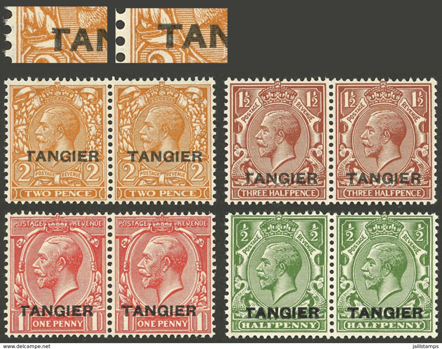 MOROCCO - BRITISH MAIL: Sc.501/4, 1927 Set Of 4 Values In Pairs, The Left Stamp In Each Pair With VARIETY "incomplete T" - Morocco Agencies / Tangier (...-1958)