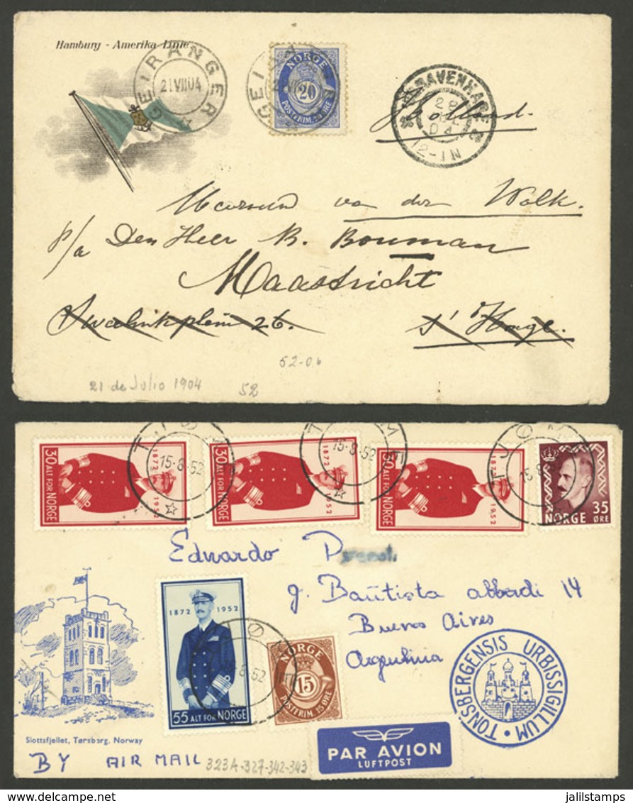 NORWAY: Cover Sent From Geiranger To Netherlands In 1904 + Airmail Cover Sent From Tjome To Argentina In 1952, Very Nice - Briefe U. Dokumente