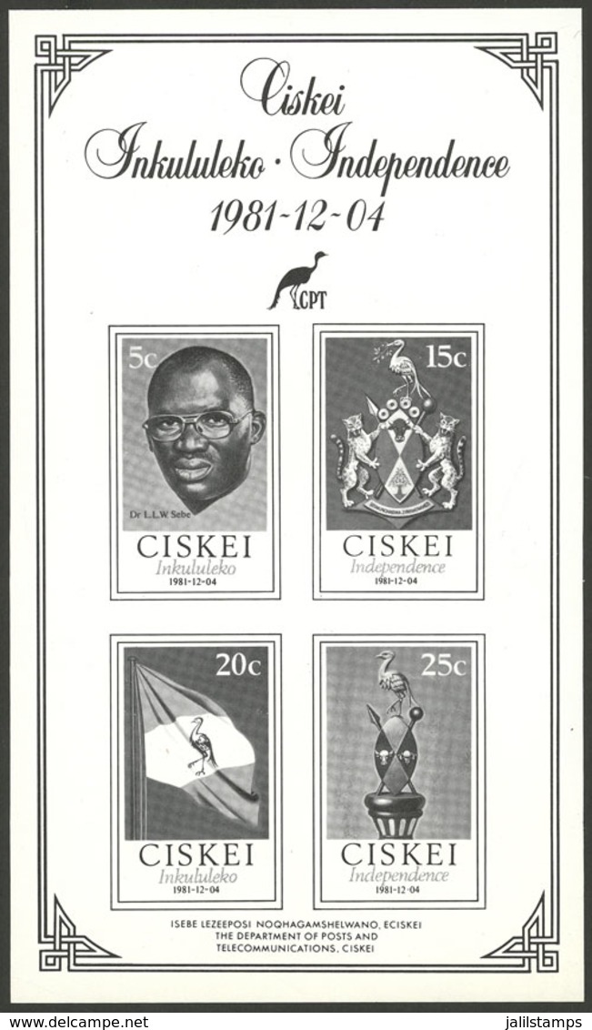 SOUTH AFRICA - CISKEI: Souvenir Sheet Issued In 1981 In Black Containing The Set Sc.1/4 Commemorating Independence, MNH, - Ciskei