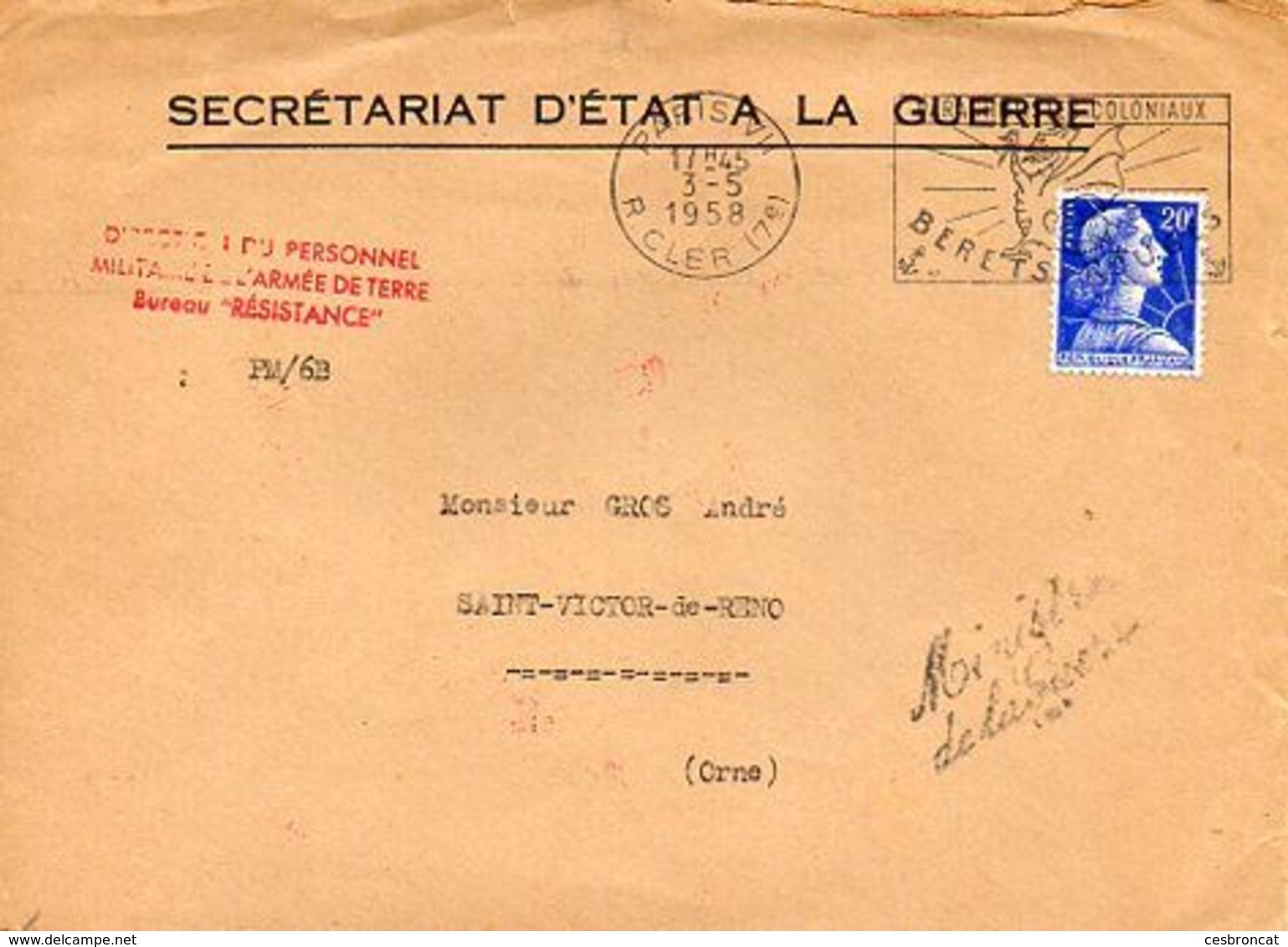 C13 1958 Lettre En Tete Secrétariat D'état A La Guerre( Griffe Du Ministre) - Vietnamkrieg/Indochinakrieg