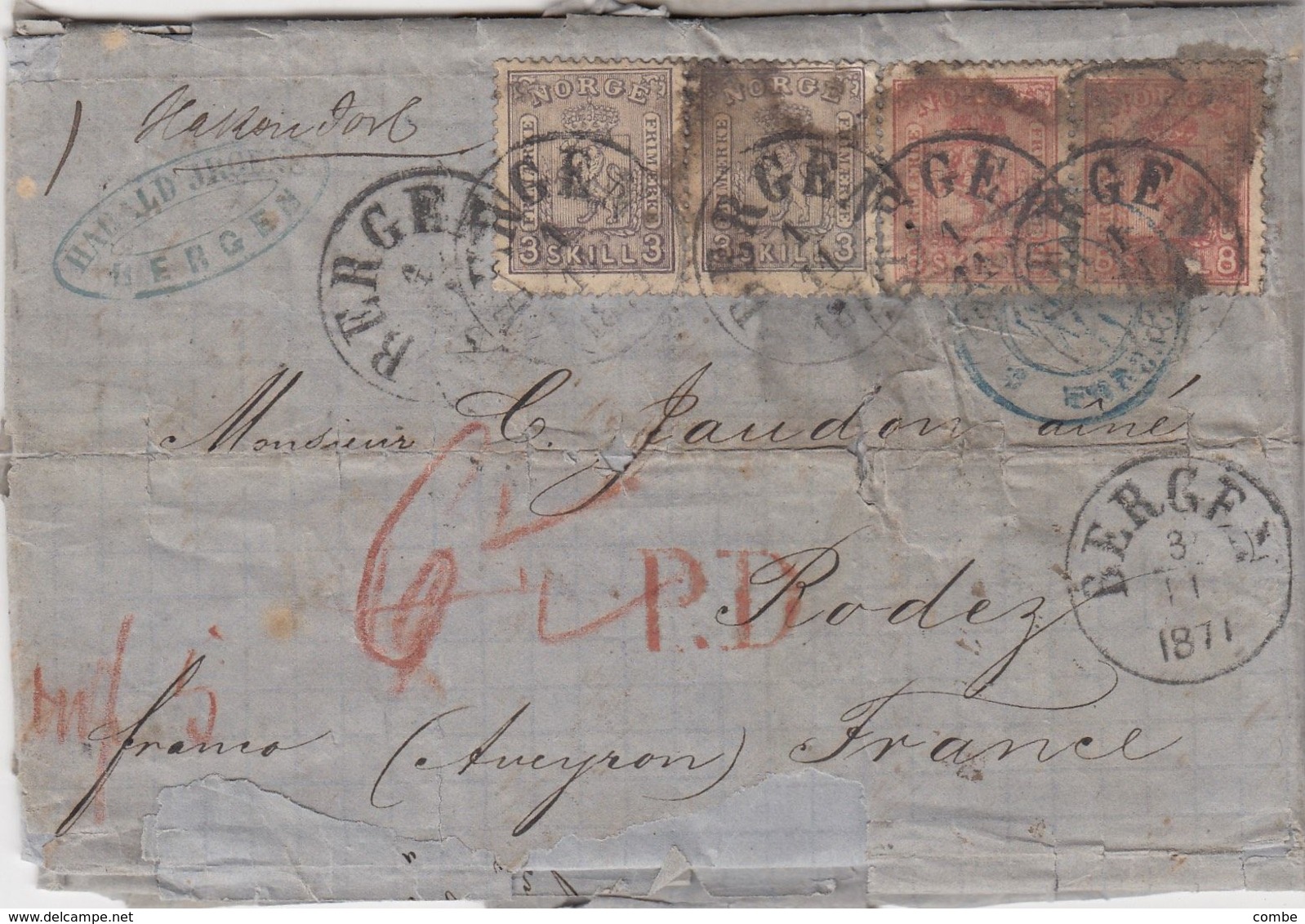 NORWAY. SCARCE COVER. 3 11 1871. (3 SKILL X 2) + (8 SKILL X 2) BERGEN TO RODEZ FRANCE. RED. PD AND DUE 6.   / 4287 - Lettres & Documents