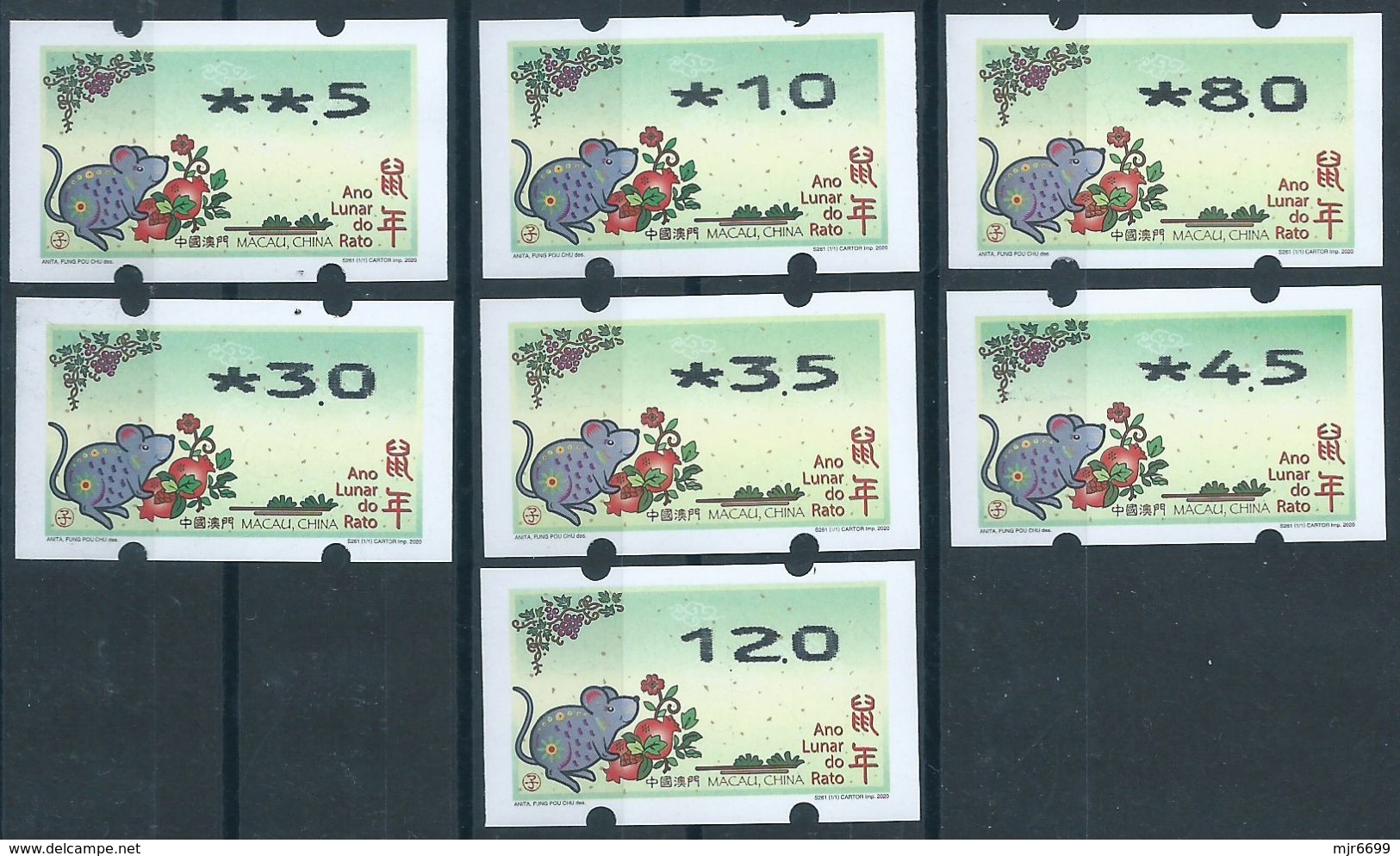 MACAU 2020 ZODIAC YEAR OF THE RAT ATM LABELS NAGLER 104 SET OF 7 VALUES - Distributors