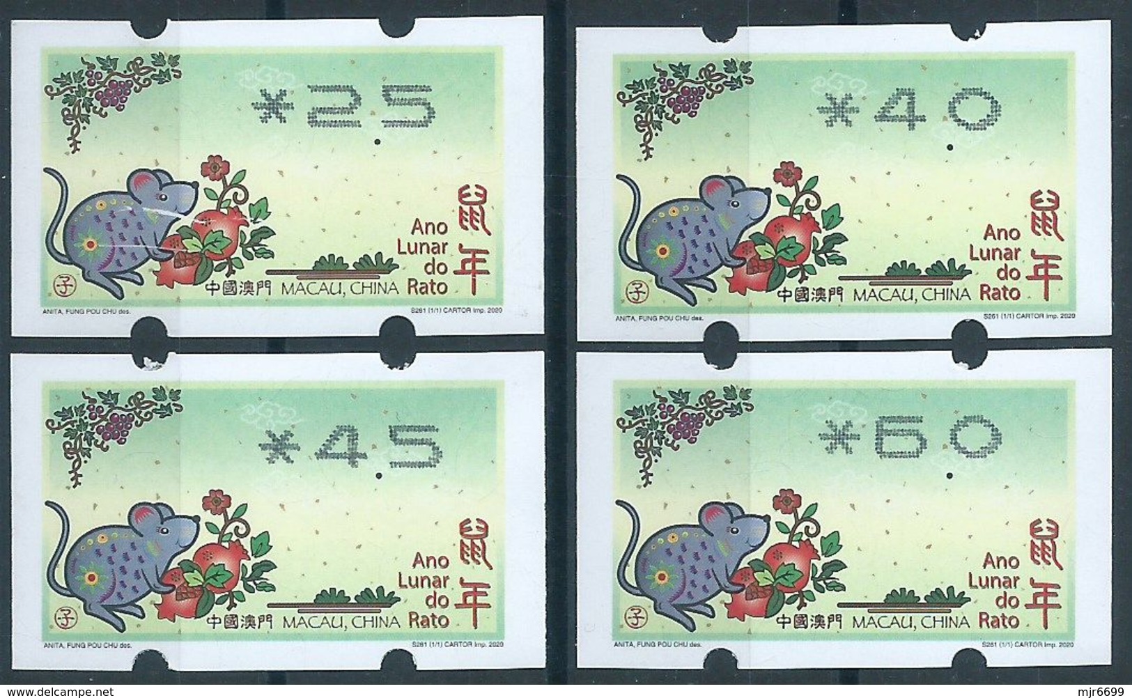 MACAU 2020 ZODIAC YEAR OF THE RAT ATM LABELS NEW VISION SET OF 4 VALUES - Automatenmarken