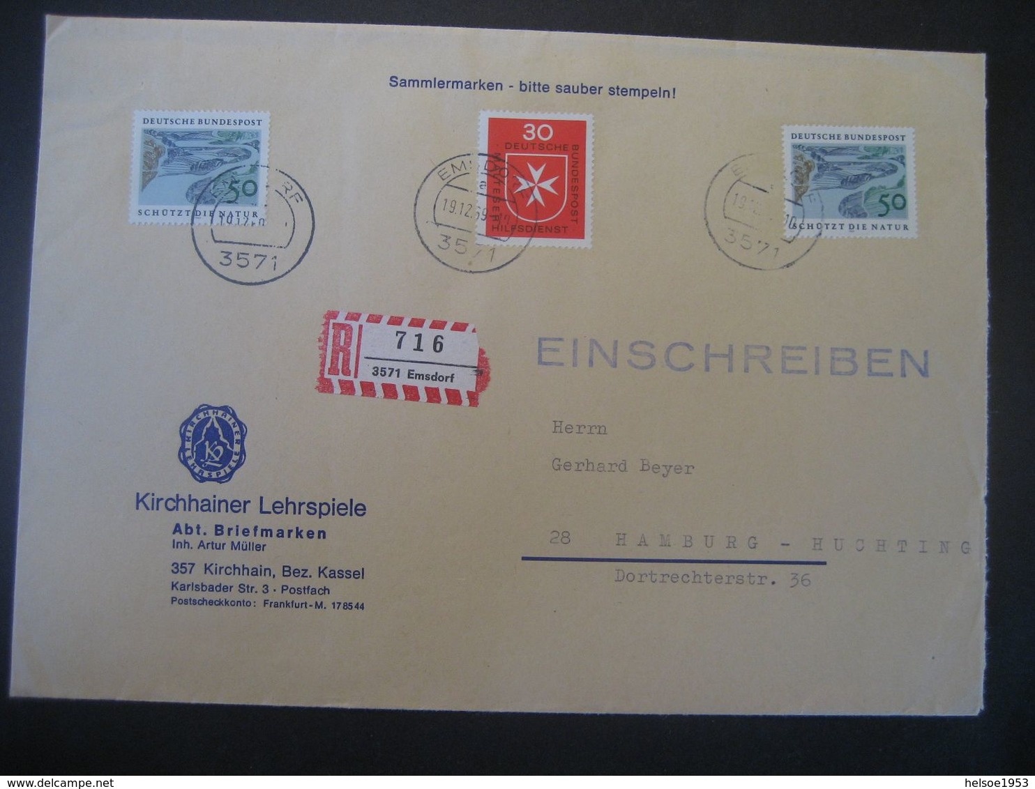 Deutschland BRD R-Zettel 1959- Reco-Beleg Gelaufen Von Emsdorf Nach Hamburg - Etiquettes 'Recommandé' & 'Valeur Déclarée'