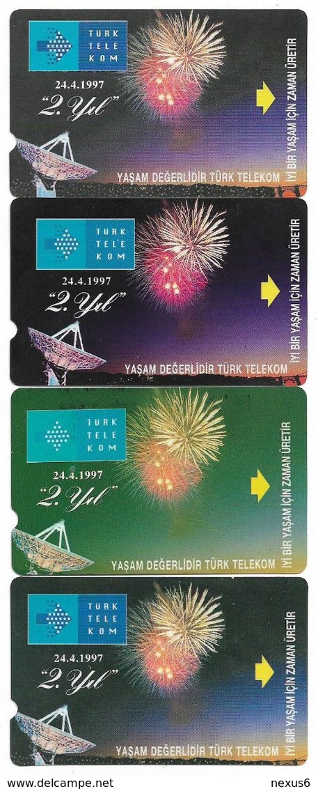Turkey - TT - Alcatel - R Advert. Series - 2nd Annv. Of TT, Fireworks, R-101 (4 DIFF. REVERSE VARIANTS, 30U, 1997, Used - Turquie