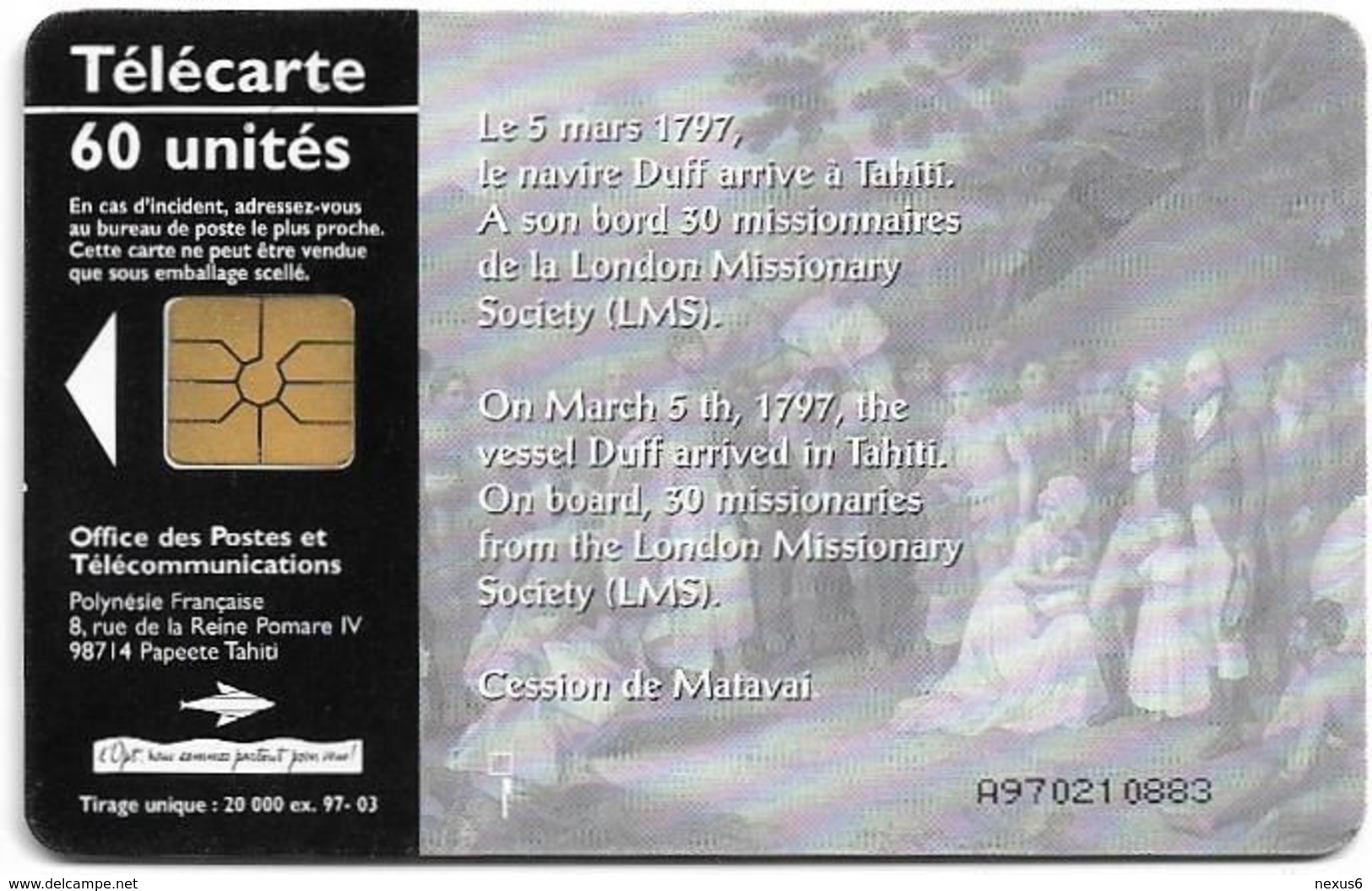 French Polynesia - OPT - Bicentenaire De L'Arrivée #1 - Gem1A Symmetr. Black, 03.1997, 60Units, 20.000ex, Used - Polynésie Française