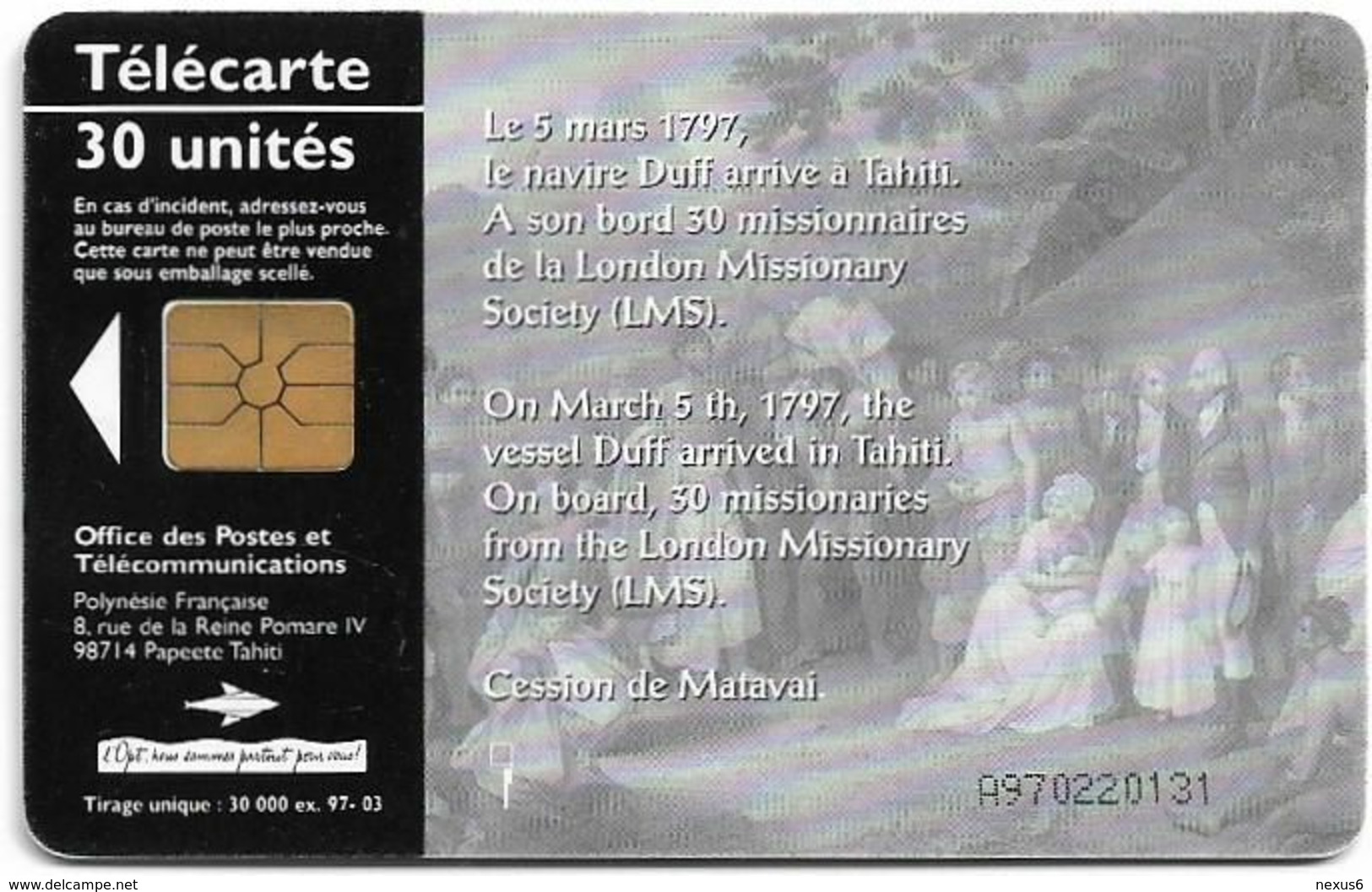 French Polynesia - OPT - Bicentenaire De L'Arrivée #2 - Gem1A Symmetr. Black, 03.1997, 30Units, 30.000ex, Used - Polynésie Française