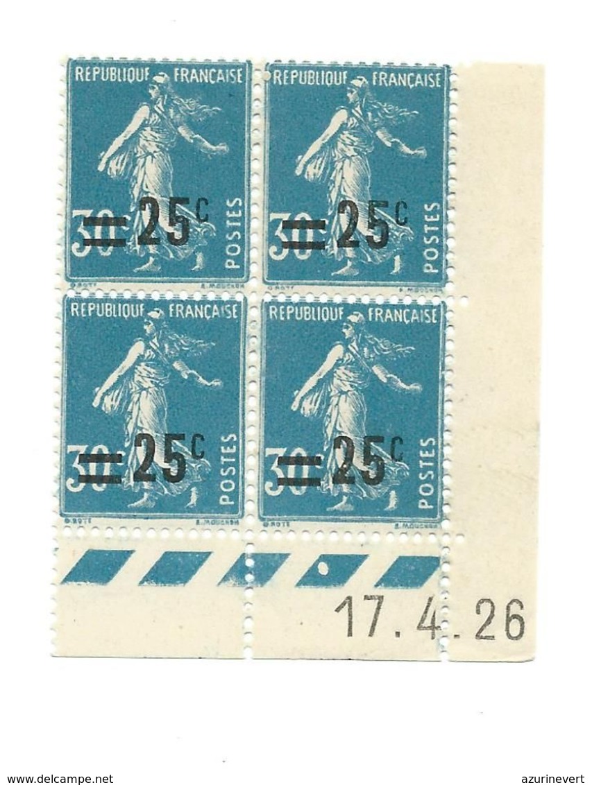 Semeuse Bloc De 4 - 25/30 Bleu N° YT 217 - Coin Daté 17. 4. 1926 - ....-1929