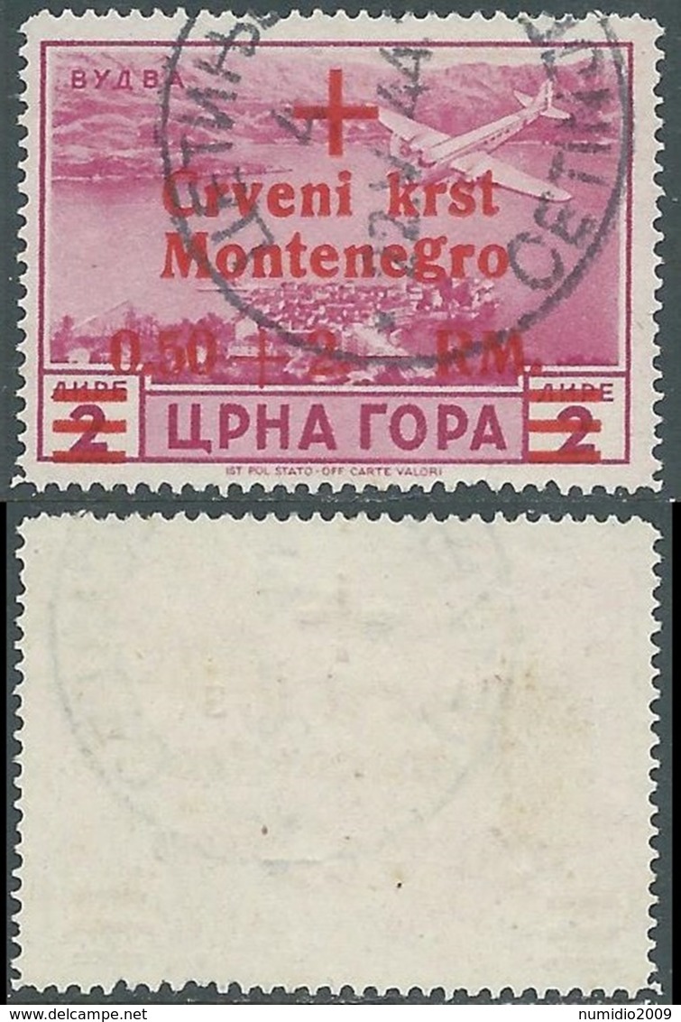 1944 OCCUPAZIONE TEDESCA MONTENEGRO POSTA AEREA USATO 0,50+2,00 SU 2 LIRE - RA4 - Deutsche Bes.: Montenegro