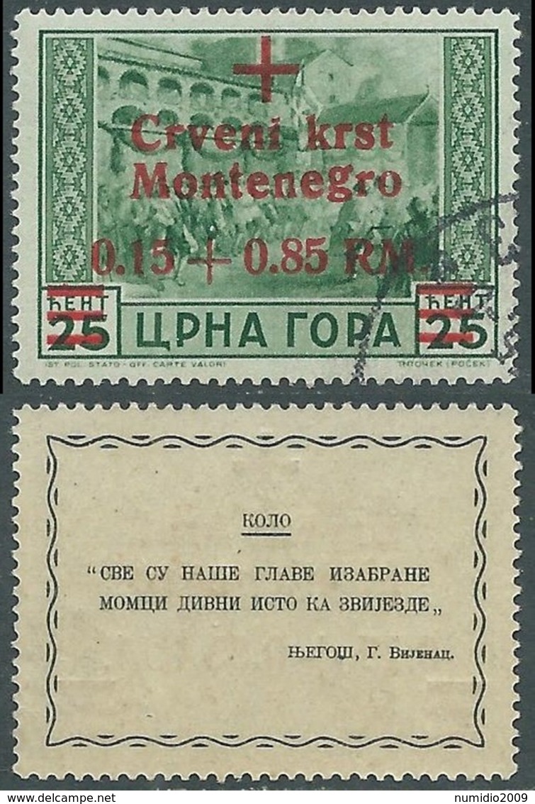 1944 OCCUPAZIONE TEDESCA MONTENEGRO USATO 0,15+0,85 SU 25 CENT - RA4-2 - German Occ.: Montenegro