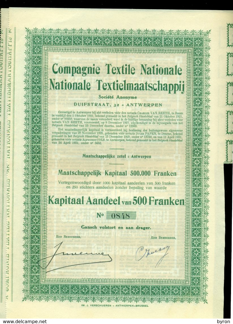 Shares 10 Actions  500 Franken " Compagnie Textile Nationale. 1921  - 10 Actions  Avec Quelques Coupons. - Other & Unclassified