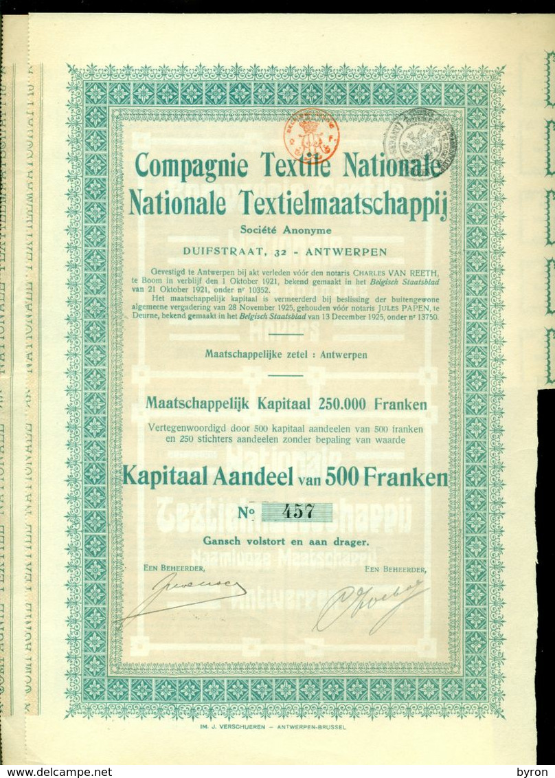 Shares 10 Actions  500 Franken " Compagnie Textile Nationale. 1921  - 10 Actions  Avec Quelques Coupons. - Other & Unclassified