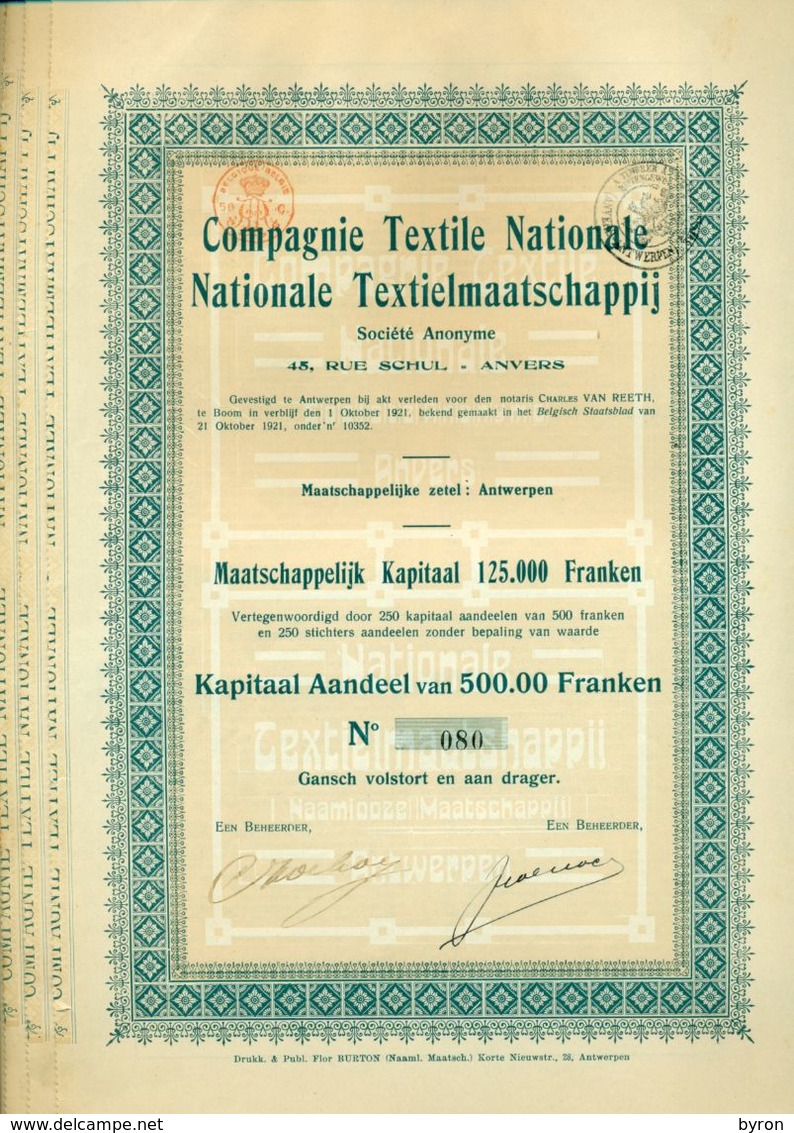 Shares 10 Actions  500 Franken " Compagnie Textile Nationale. 1921  - 10 Actions  Avec Quelques Coupons. - Other & Unclassified