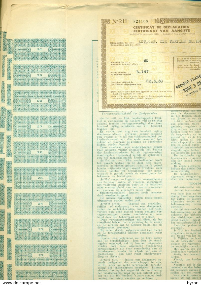 Shares 10 Actions  500 Franken " Compagnie Textile Nationale. 1921  - 10 Actions  Avec Quelques Coupons. - Other & Unclassified