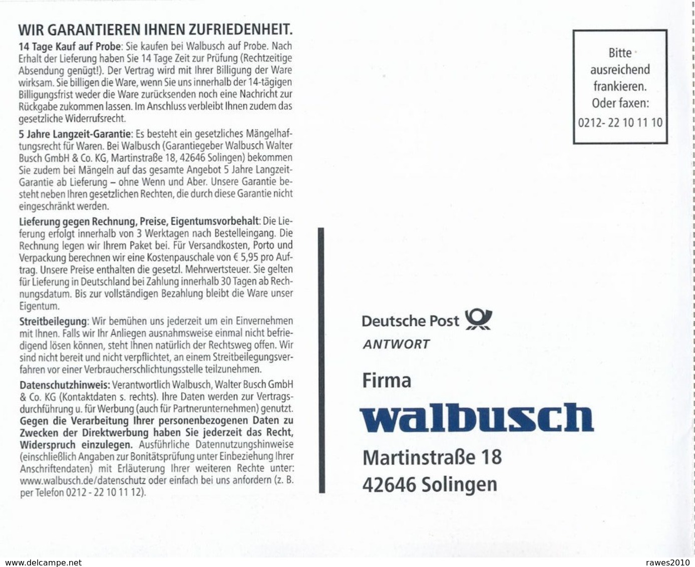 BRD / Bund Solingen DP Antwort 2020 Walbusch Mode Klaus J. Behrendt Schauspieler Film TV - Lettres & Documents