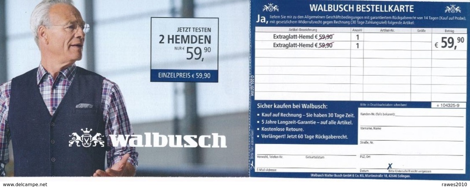 BRD / Bund Solingen DP Antwort 2020 Walbusch Mode Klaus J. Behrendt Schauspieler Film TV - Lettres & Documents