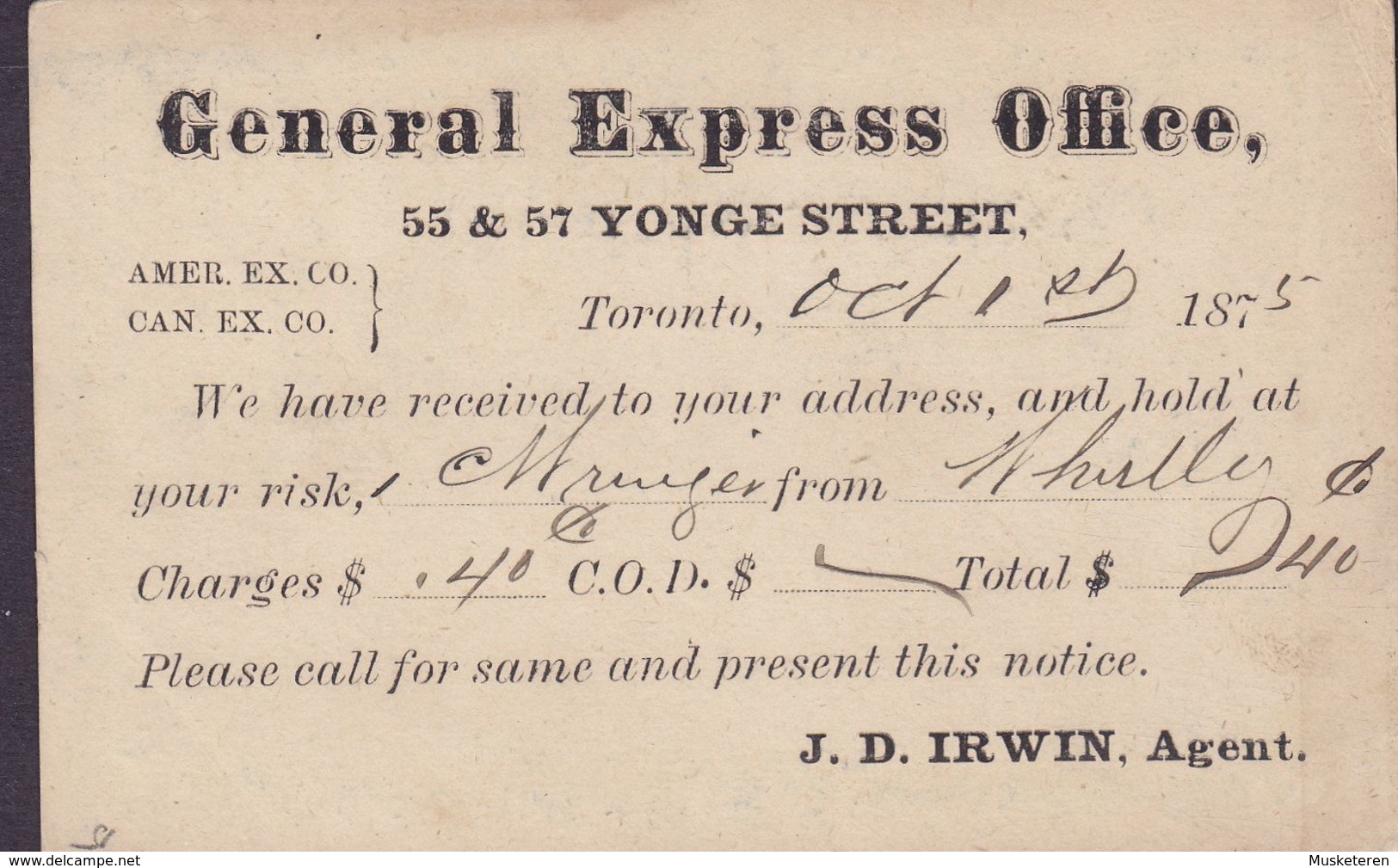 Canada Postal Stationery Ganzsache Victoria PRIVATE Print GENERAL EXPRESS OFFICE, TORONTO 1875 (2 Scans) - 1860-1899 Regering Van Victoria