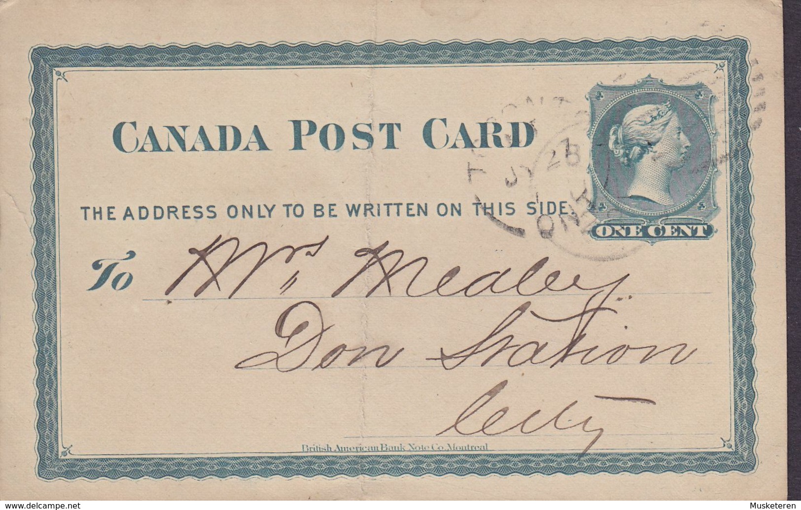 Canada Postal Stationery Ganzsache Victoria PRIVATE Print GENERAL EXPRESS OFFICE, TORONTO 1877 DON STATION  (2 Scans) - 1860-1899 Règne De Victoria