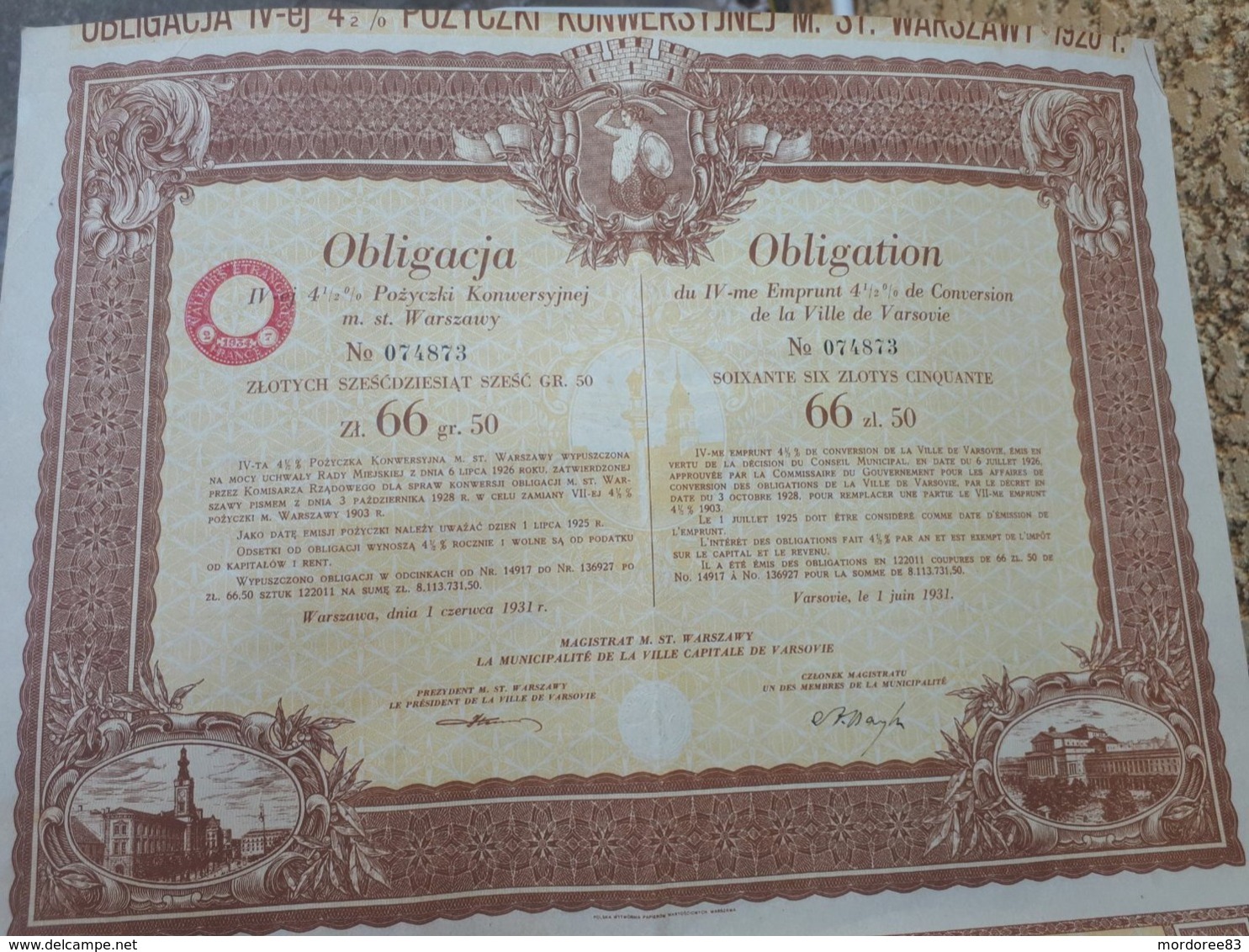 POLOGNE - VARSOVIE OBLIGATION DE 66.5 ZLOTYS 1931 - Other & Unclassified