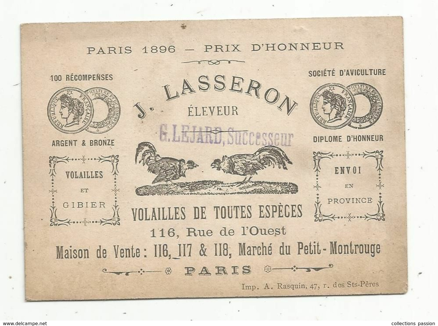 Carte De Visite , éleveur Volailles Et Gibier , J. LASSERON , LEJARD , Successeur , Marché Du Petit-Montrouge , Paris - Cartes De Visite