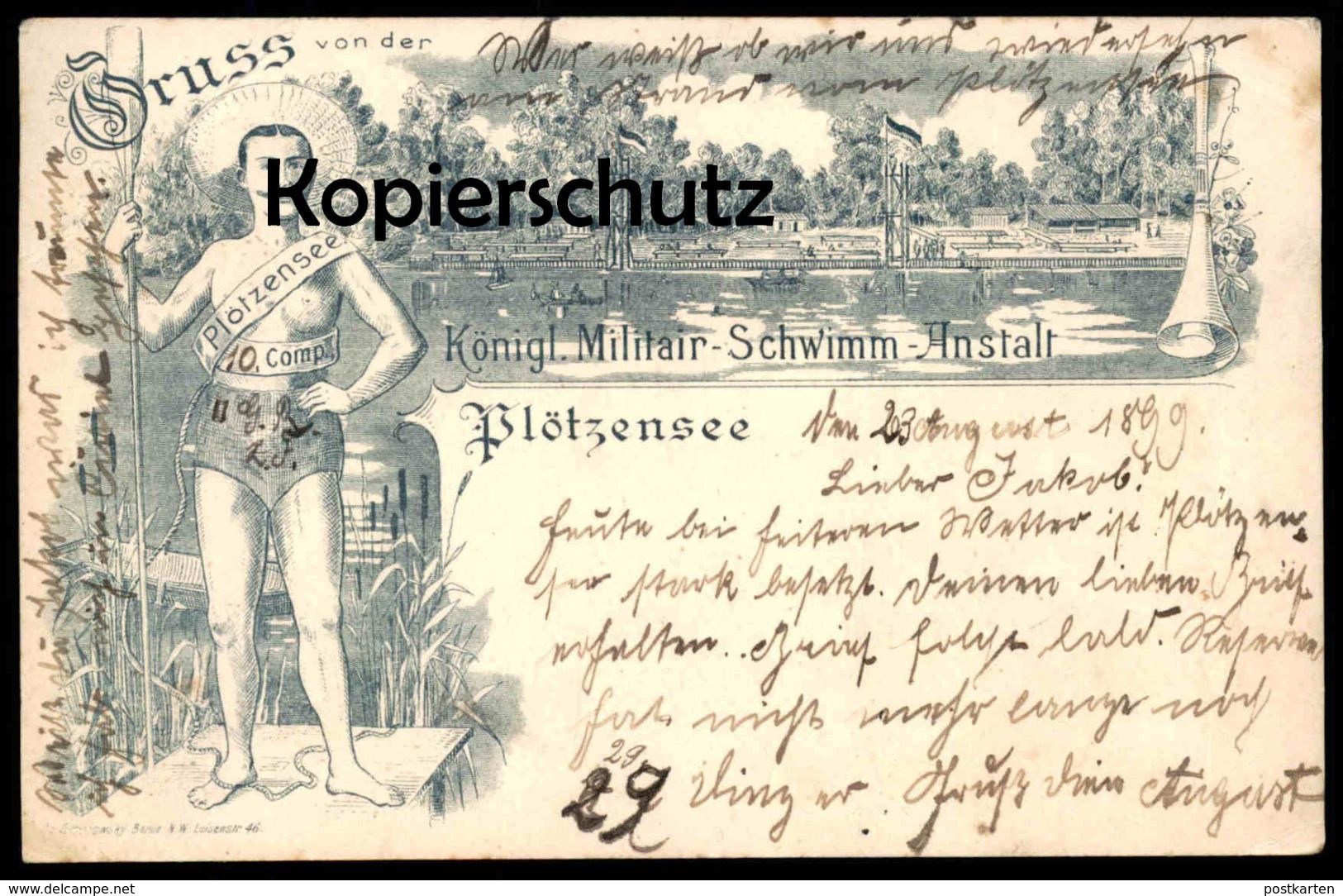 ALTE LITHO POSTKARTE GRUSS VON DER KÖNIGLICHEN MILITÄR-SCHWIMMANSTALT PLÖTZENSEE BERLIN Mann Man Boy Semi Nude Cpa AK - Ploetzensee