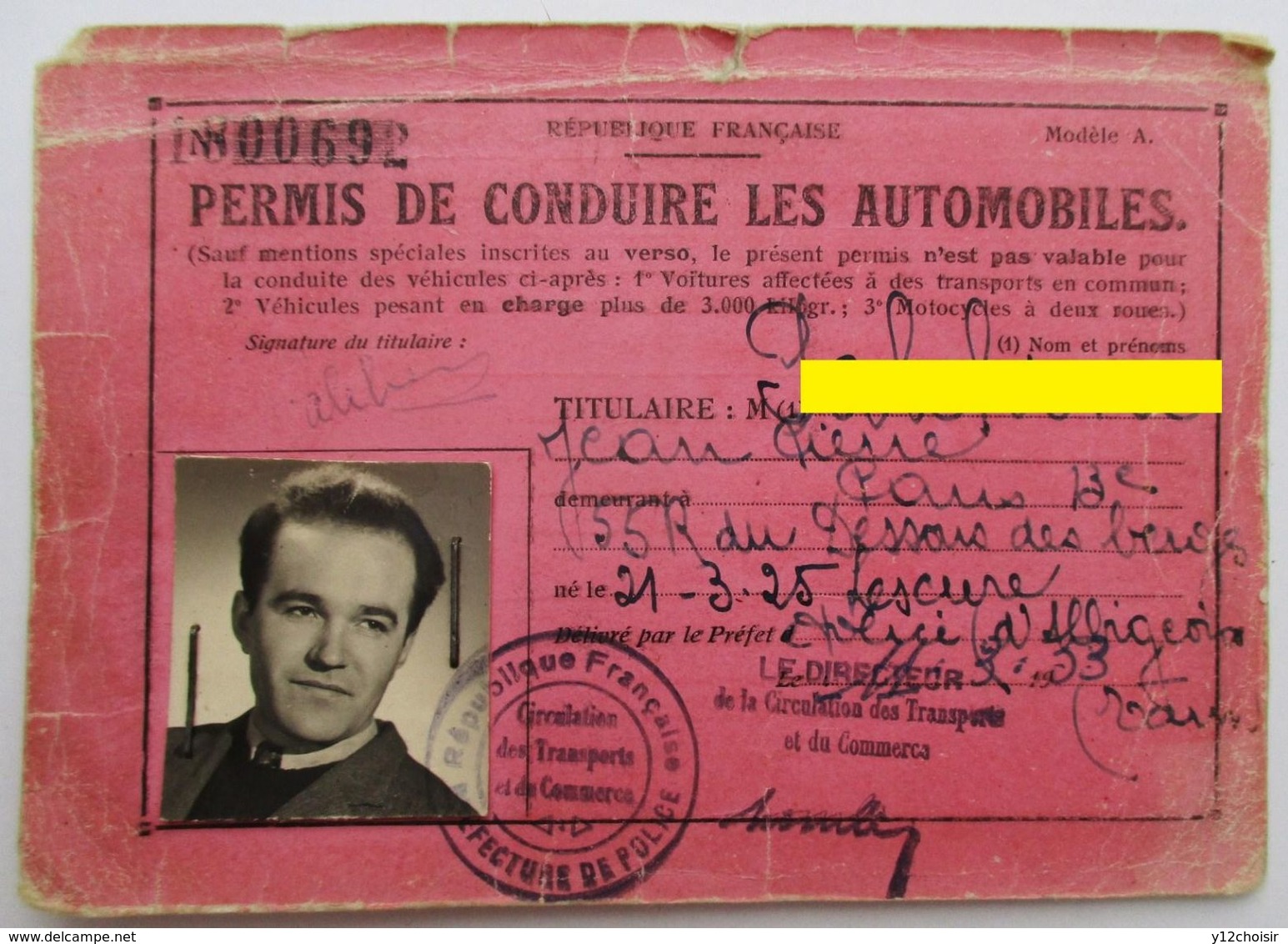 PERMIS DE CONDUIRE LES AUTOMOBILES 1953 Né à LESCURE D ALBIGEOIS TARN 81 Demeurant PARIS - Lescure