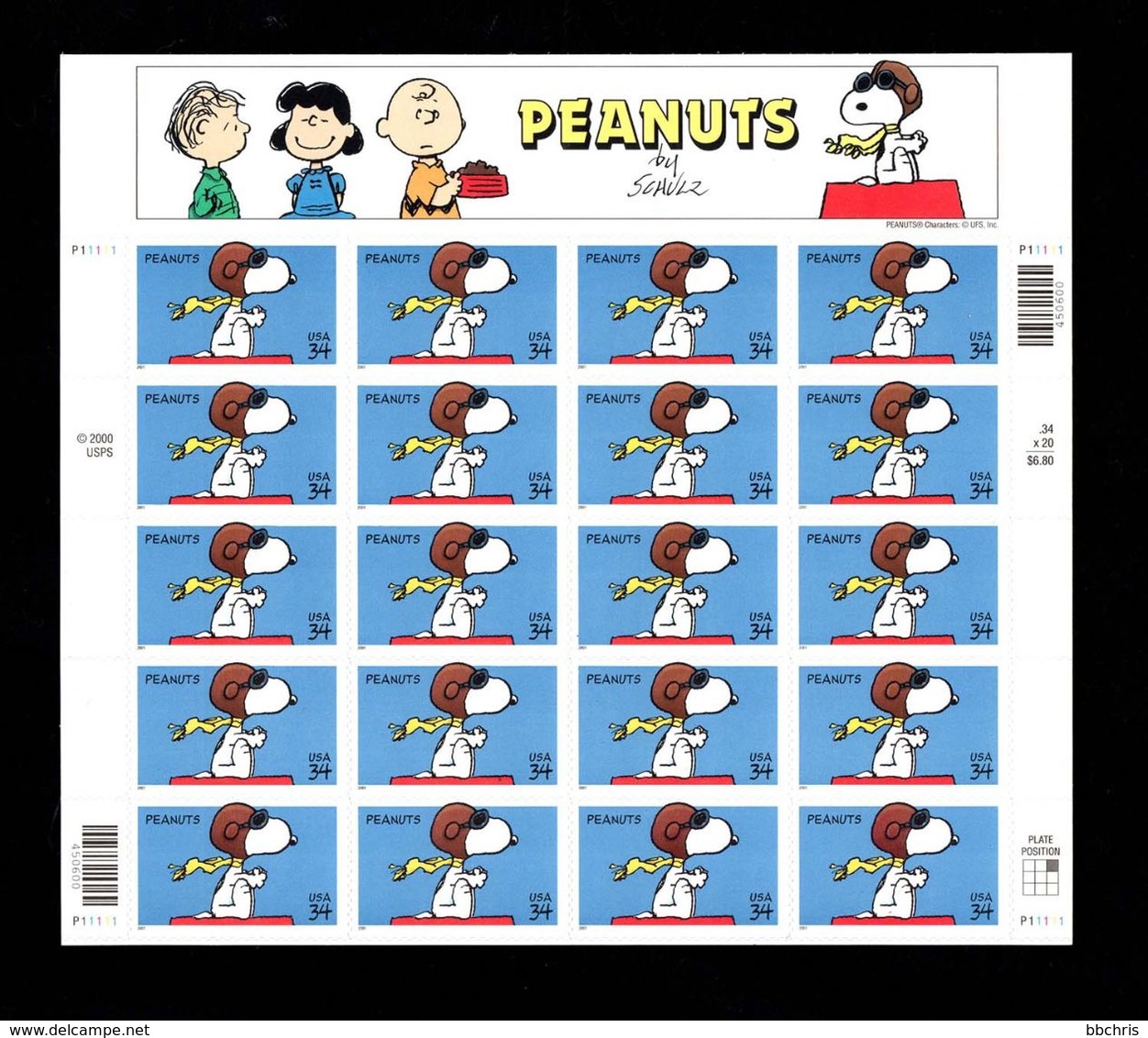 USA 2000 Peanuts Snoopy Flying Ace USPS 34¢ Sheet Of 20 Stamps MNH - Ganze Bögen