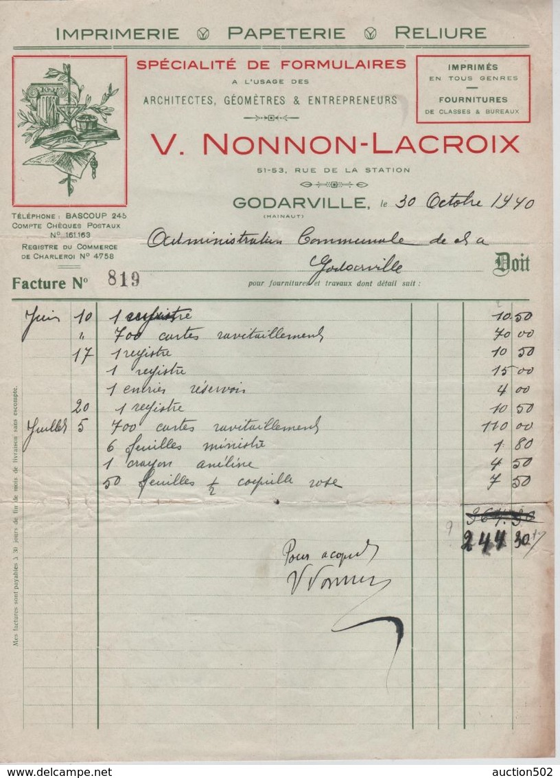 VP22/ Facture Imprimerie Papeterie Reliure V.Nonnon-Lacroix Godarville 1940 - Drukkerij & Papieren