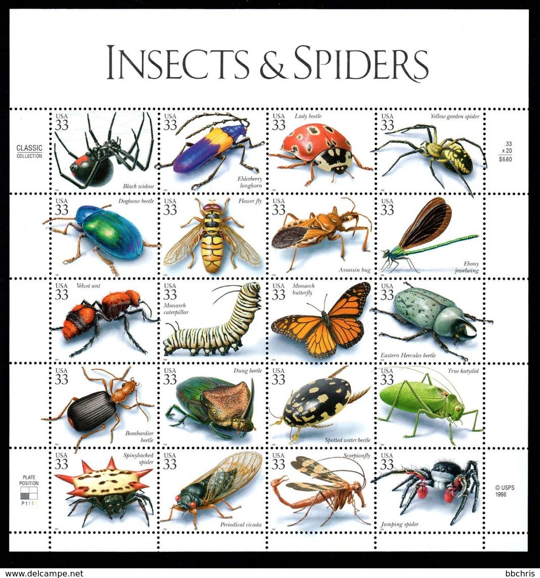 USA 1998 Insects & Spiders Stamps Sheet Of 20 X 33¢ MNH Mint - Fogli Completi