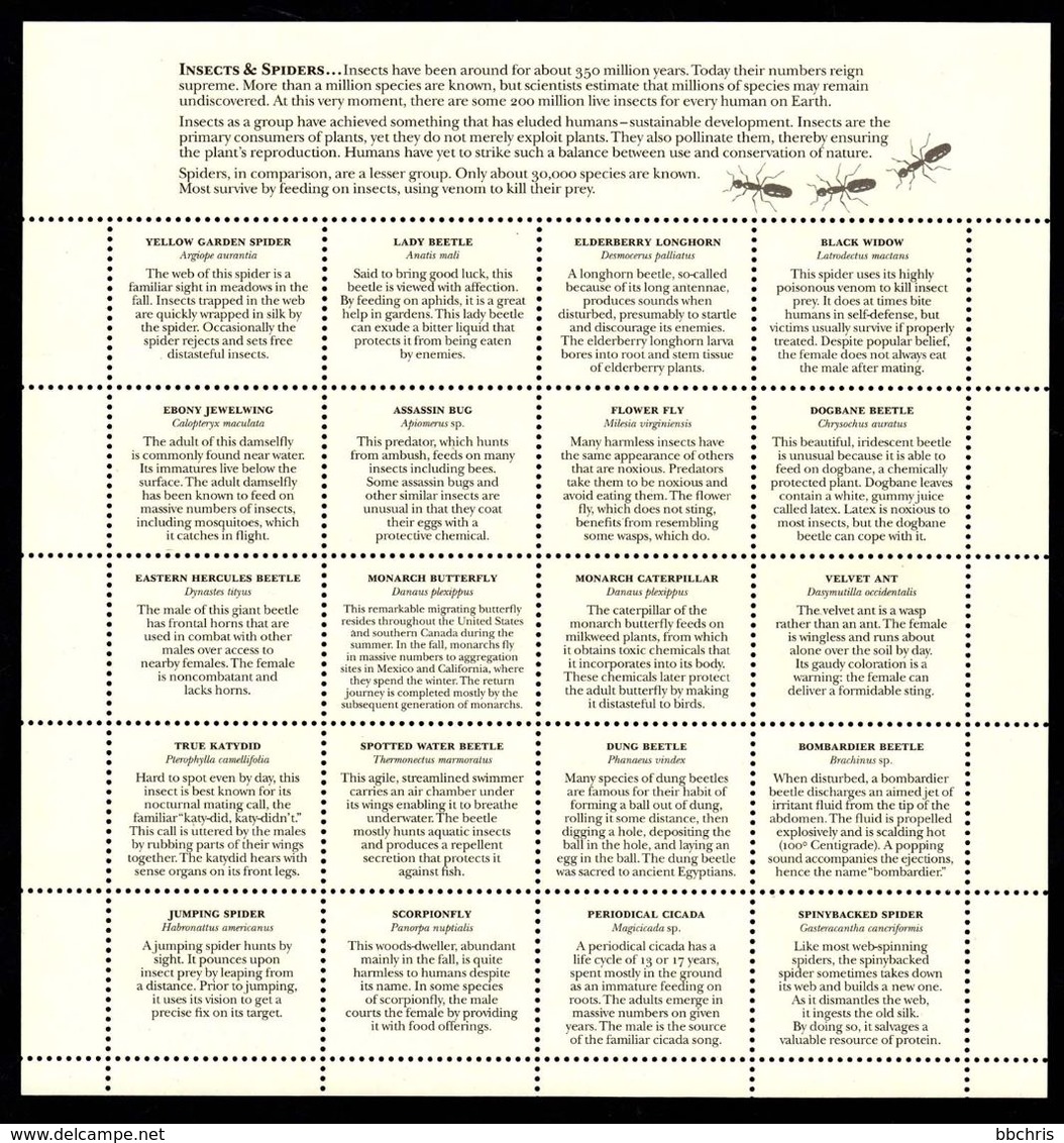 USA 1998 Insects & Spiders Stamps Sheet Of 20 X 33¢ MNH Mint - Sheets