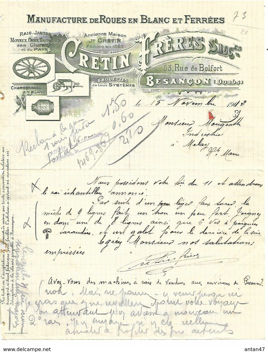 Facture 1912 / 25 BESANCON / CRETIN / Manufacture De Roues En Blanc Et Ferrées, Moyeux Orme Tortillard, Brouettes - Cars