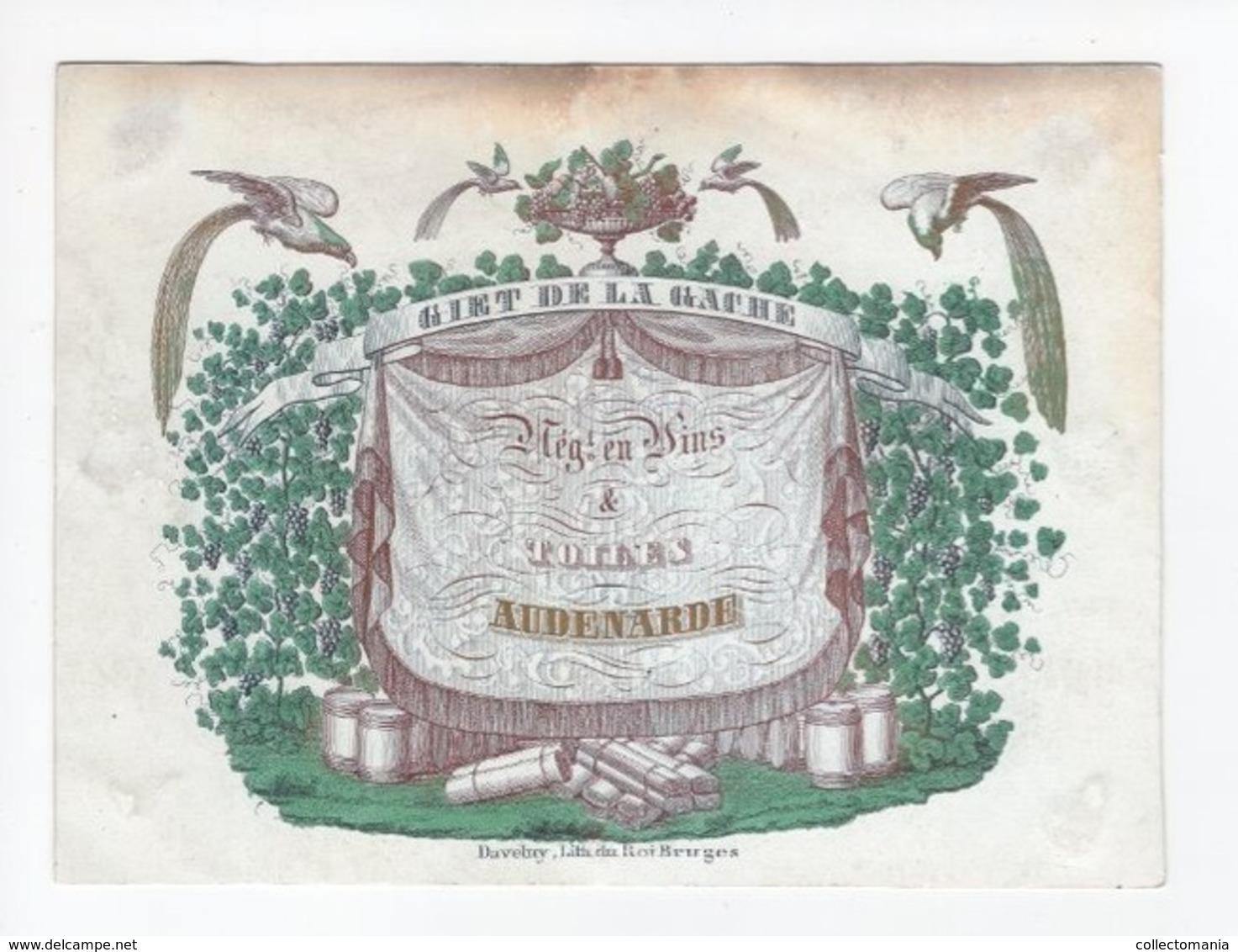 1 Carte Porcelaine  Vins & Toiles  Giet De La Gache  Audenarde Audenaarde Lith.Daveluy Bruges  Afm.:15,5x11,5cm  Ca 1850 - Porcelaine