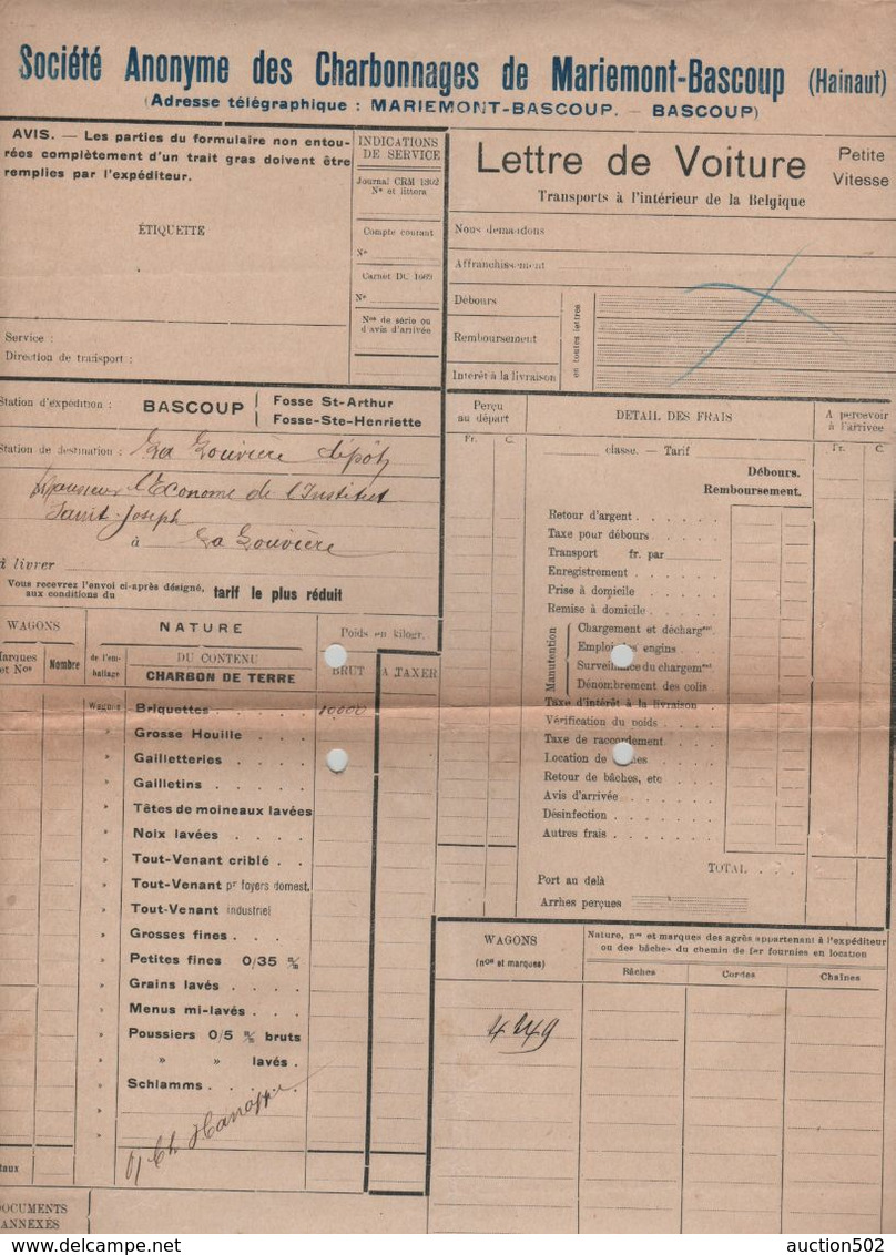 VP33/ Document S.A. Charbonnages Marimont-Bascoup Station Bascoup > La Louvière Lettre Voiture 1915 - Trasporti