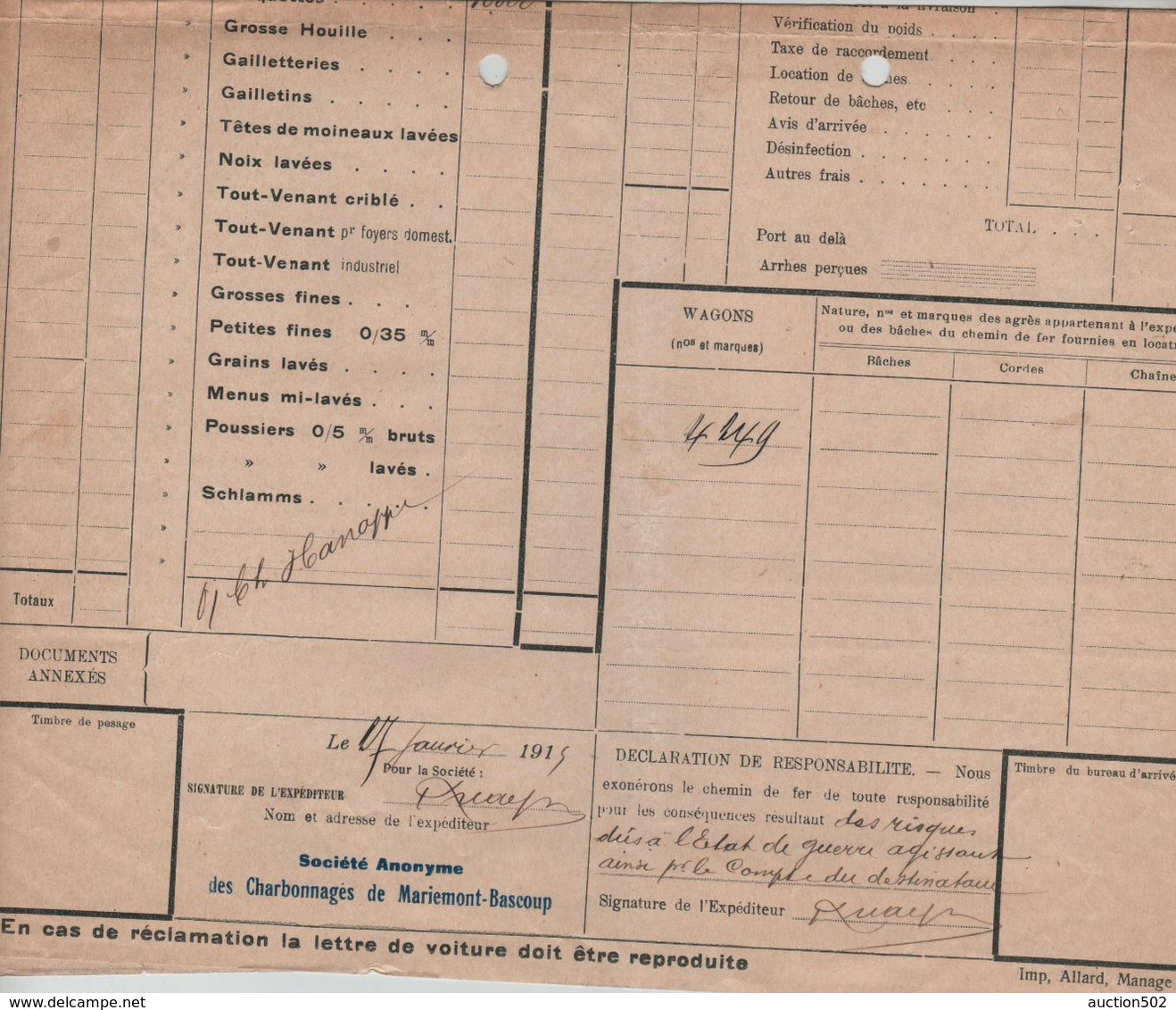 VP33/ Document S.A. Charbonnages Marimont-Bascoup Station Bascoup > La Louvière Lettre Voiture 1915 - Transportmiddelen