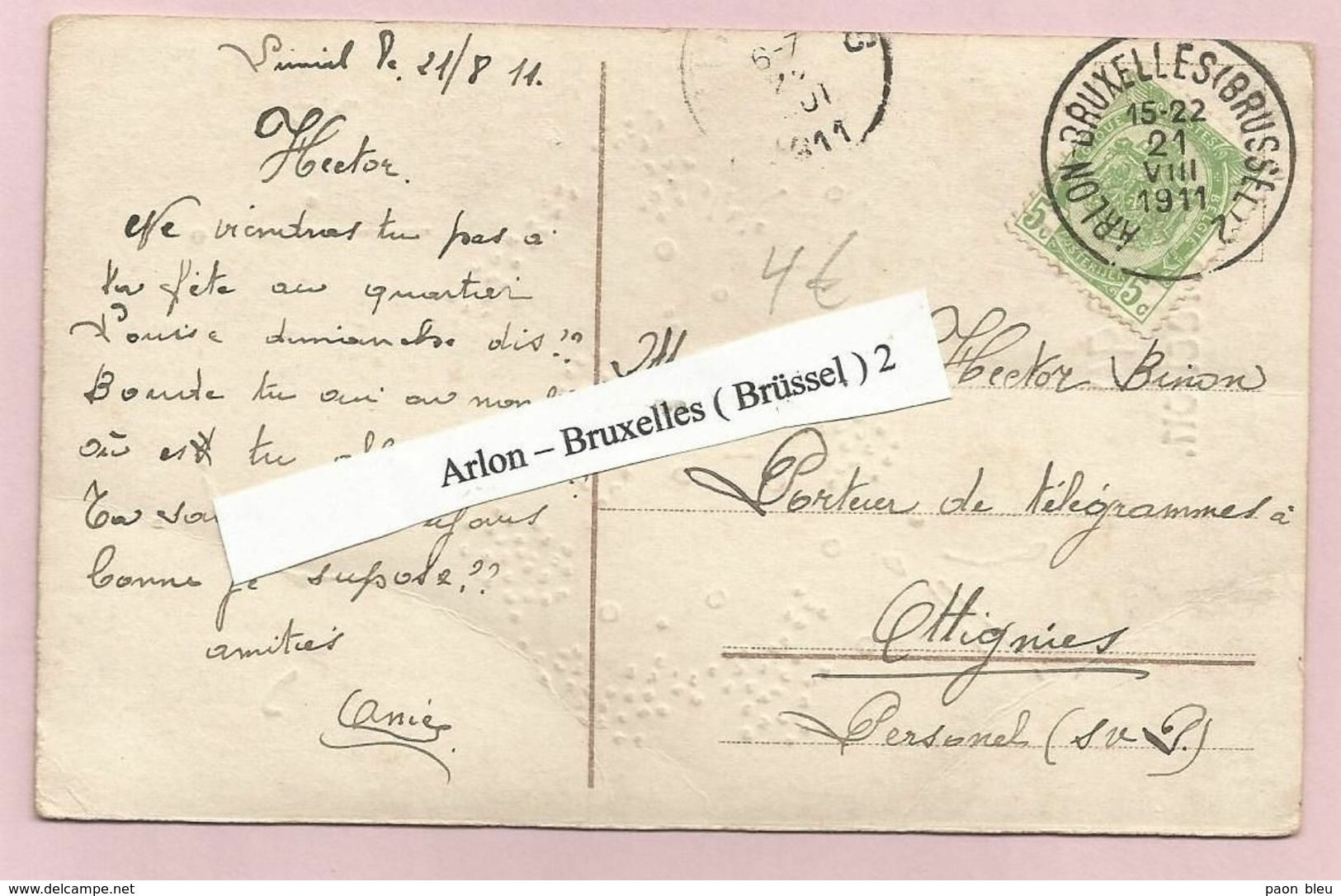 Belgique - Ambulants - Arlon-Bruxelles (Brussel)2 - Sur Carte Postale - Armoiries N°83 Du 21/8/1911 - Ambulants