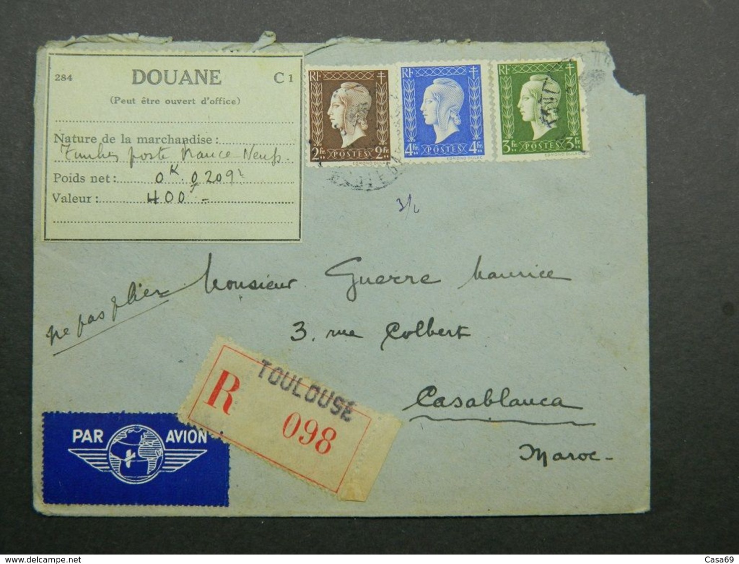 1945 Lettre Recommandée De Toulouse à Casablanca - Maroc Avec Marianne Dulac Yvert 692, 694 Et 695 - 1944-45 Maríanne De Dulac