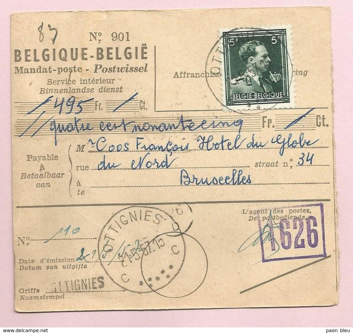 Belgique - Mandat Postal Griffe Linéaire Et Oblitération  OTTIGNIES  - Col Ouvert N°696 Obl 21/05/1957 - Post Office Leaflets