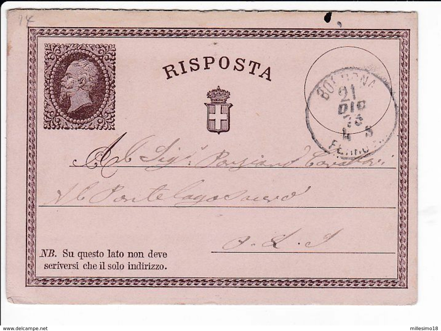 Italia 1876 Intero Cartolina Postale Vittorio Emanuele II RISPOSTA Da Bologna - Entiers Postaux