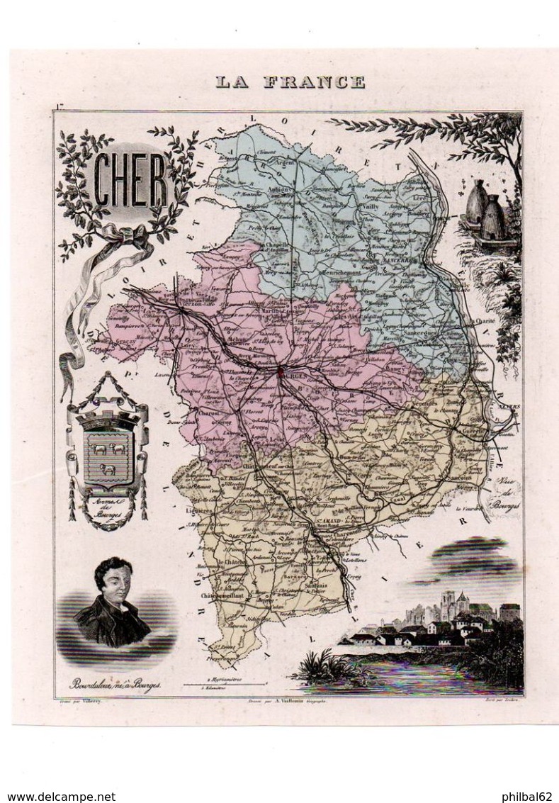 Carte Du Département Du Cher, Dressée Par Vuillemin. Atlas Migeon 1874-76 - Carte Geographique