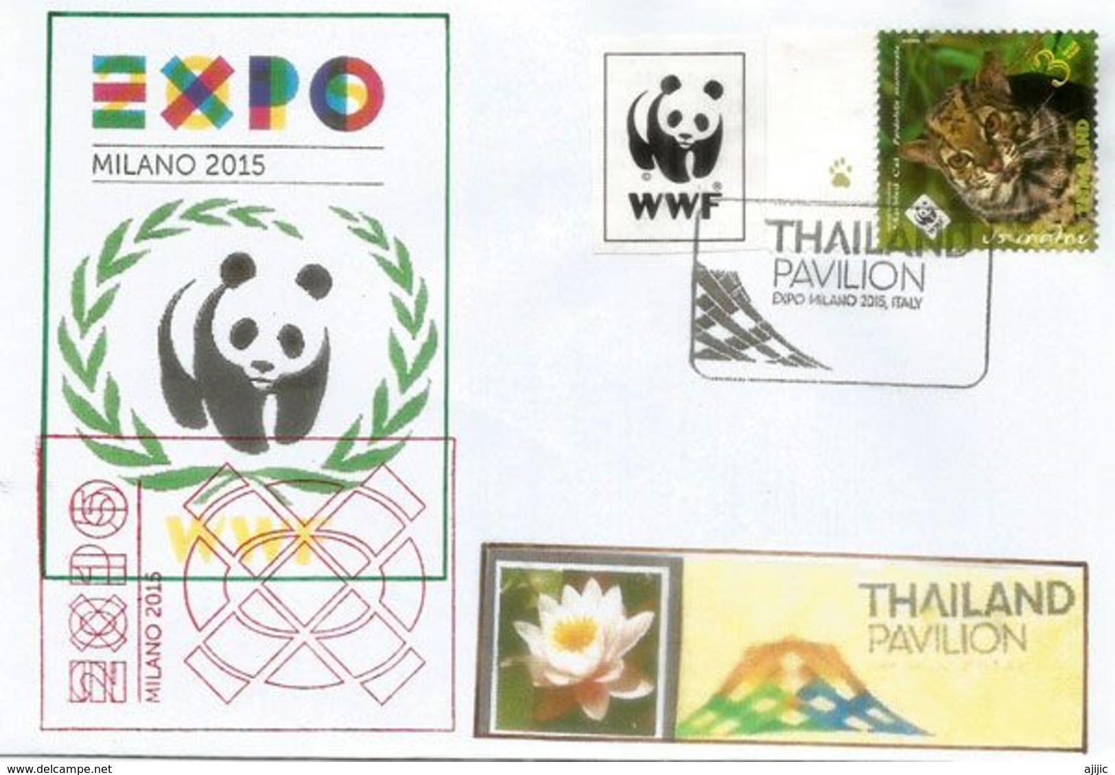 THAILANDE, Lettre Avec Timbre Chat Marblé WWF De Thailande,avec Tampons Officiels EXPO MILANO 2015 Et Pavillon Thaïlande - Big Cats (cats Of Prey)