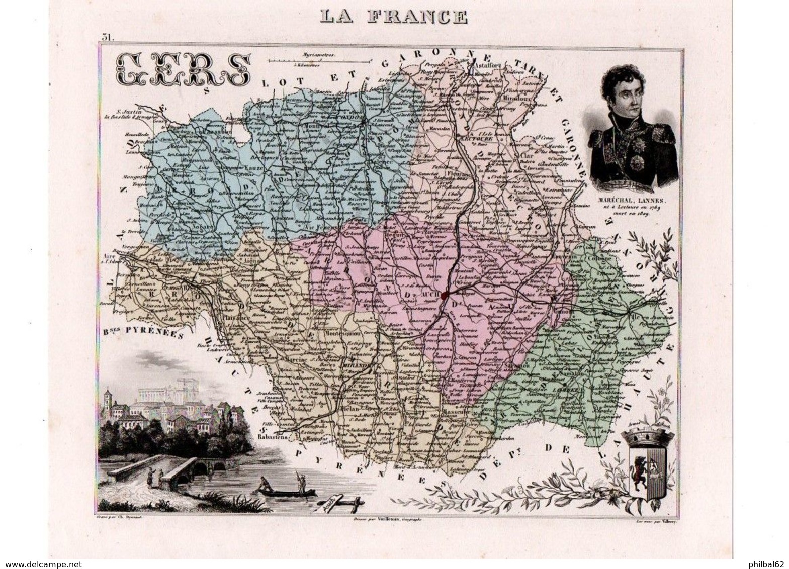 Carte Du Département Du Gers, Dressée Par Vuillemin. Atlas Migeon 1874-76. - Carte Geographique
