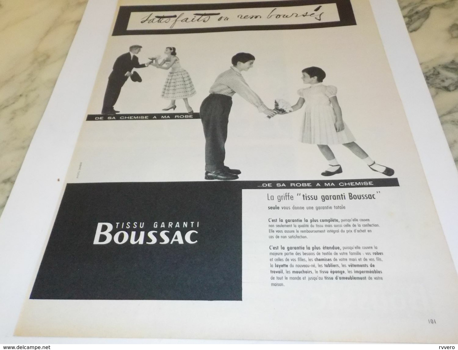 ANCIENNE  PUBLICITE  SATISFAITS OU REMBOURSES TISSUS BOUSSAC  1956 - Other & Unclassified