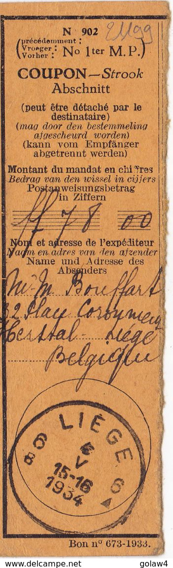 21199# Belgique TALON DE MANDAT Obl LIEGE 1934 - 1934-1935 Leopold III