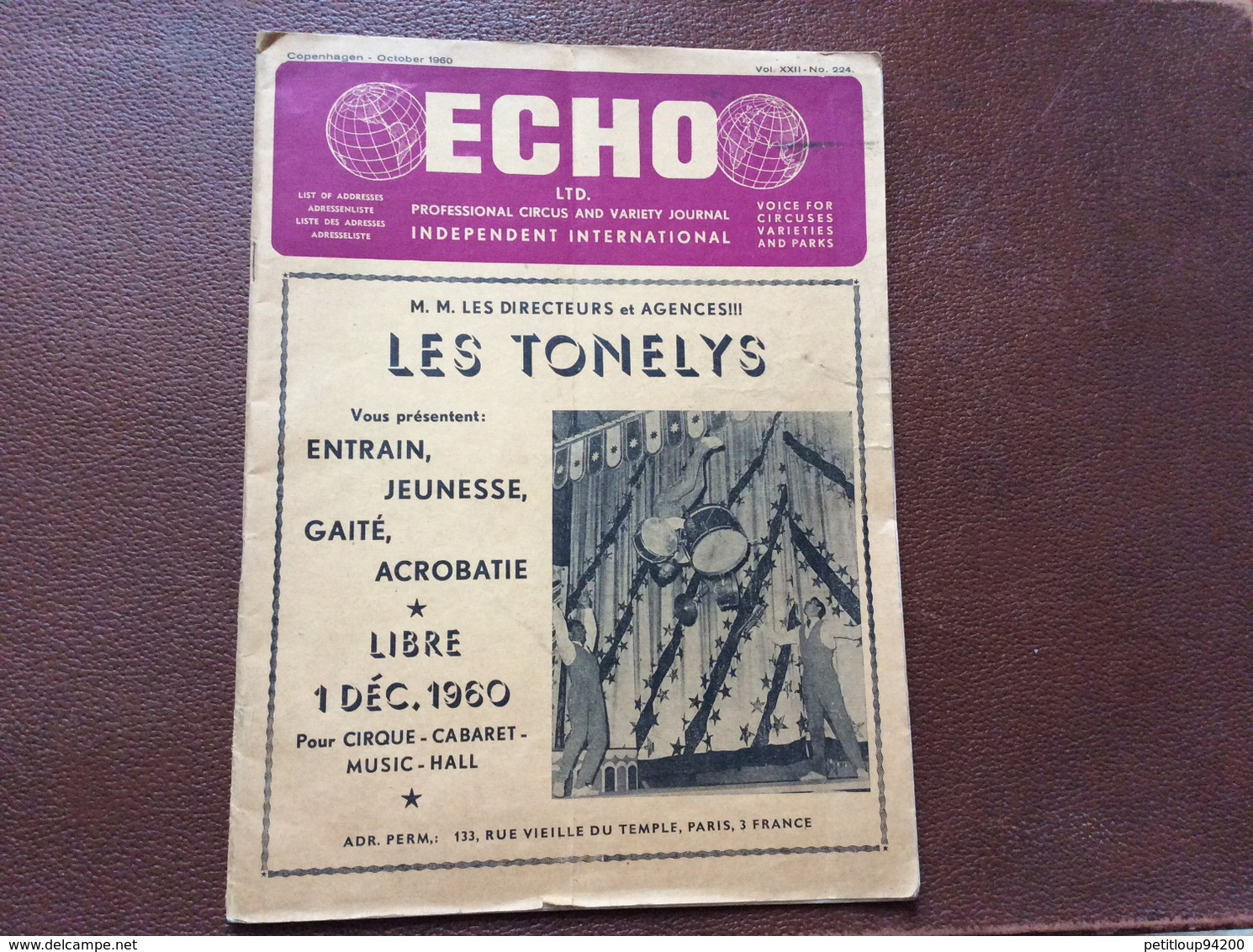 CIRQUE  ÉCHO LTD.  Professional Circus And Variety Journal  No 224  OCTOBER 1960  Les Tonelys  COPENHAGEN  Danmark - Art